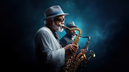 Old people playing saxophones in a nostalgic jazz band, the music filled with warmth and history.