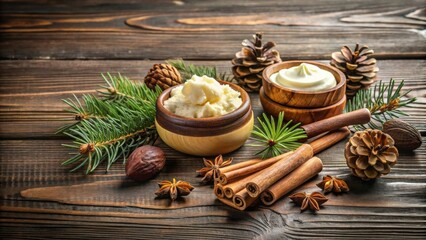 Shea butter products displayed on a dark wooden table with pine cones and cinnamon sticks, shea butter, skincare