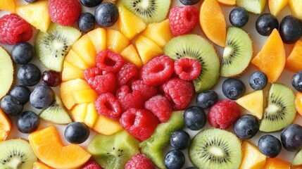 Obraz premium Fresh Fruit Platter with Raspberries, Kiwi, and Peaches