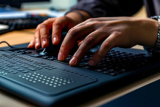 Modern Braille display device connected to a computer, with a visually impaired person using it to read digital text.