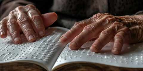 Hands of a visually impaired person reading a Braille book, with their fingers gently gliding over the raised dots on the page.