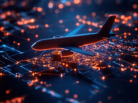 Quantum computers optimizing aerospace supply chain routes, showcasing industry technology and logistics efficiency. 