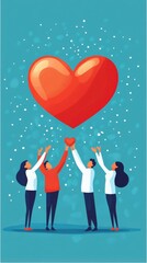 HR management and well-being, flat design, isolated background, figures holding heart symbols, blue background, close-up, studio lighting