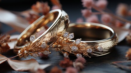 Closeup of gold wedding rings on a wooden