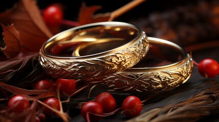 Closeup of gold wedding rings on a wooden