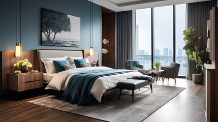 Fototapeta premium Luxury hotel bedroom with blue accents, large window overlooking city skyline and water view 