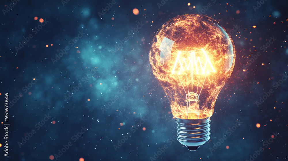 Poster a digital light bulb transforming into a rocket and launching into space, symbolizing technology inn