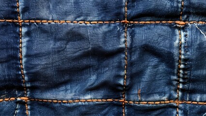 Fototapeta premium Close-up of a blue denim fabric with orange stitching in a grid pattern.