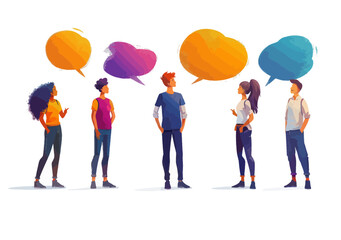 Naklejka premium Business Communication Concept - Diverse Group of People Discussing Ideas in Speech Bubbles, Minimalistic Vector Illustration
