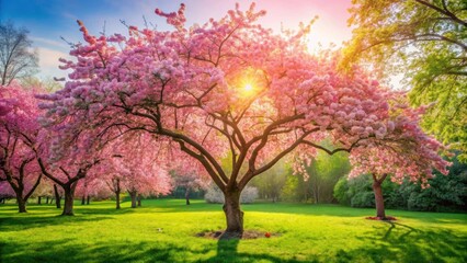 Fototapeta premium Beautiful tree blooming with pink flowers in lush green springtime garden, love, tree, spring, pink, flowers, blooming, lush
