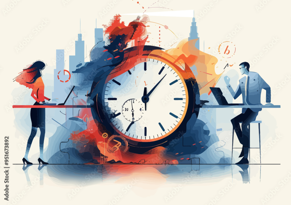 Poster minimalistic vector illustration of office workers under time pressure with large clock in urban set
