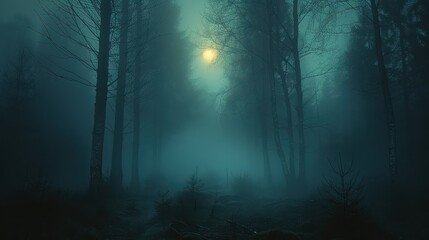 Naklejka premium Mysterious forest shrouded in fog, illuminated by a haunting full moon. An eerie landscape perfect for storytelling and fantasy themes.