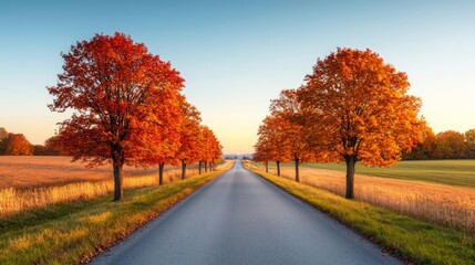 Fototapeta premium A quiet country road lined with trees in their full autumn glory