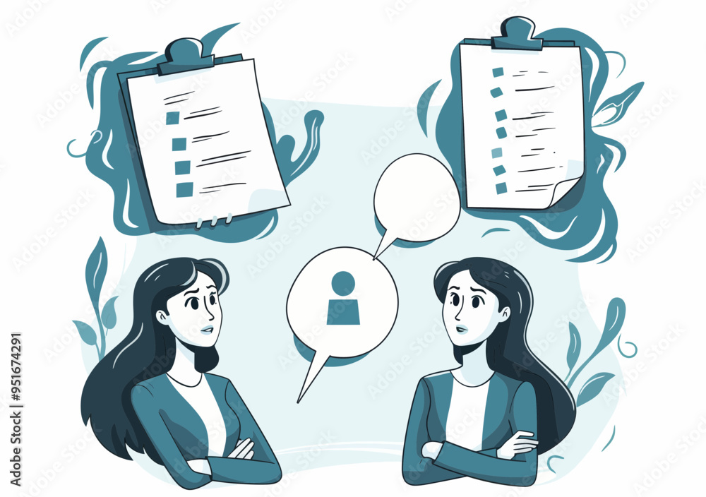 Poster female project manager illustrating confusion in task management, multiple checklists, thought bubbl