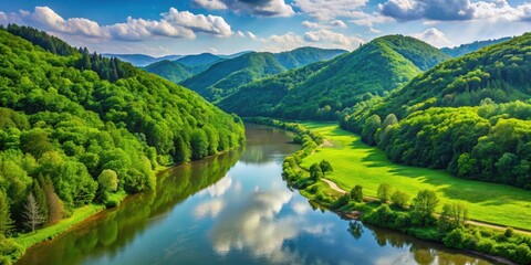 Obraz premium Scenic view of a river flanked by lush green hills and forest, river, hills, greenery, trees, nature, scenic, landscape