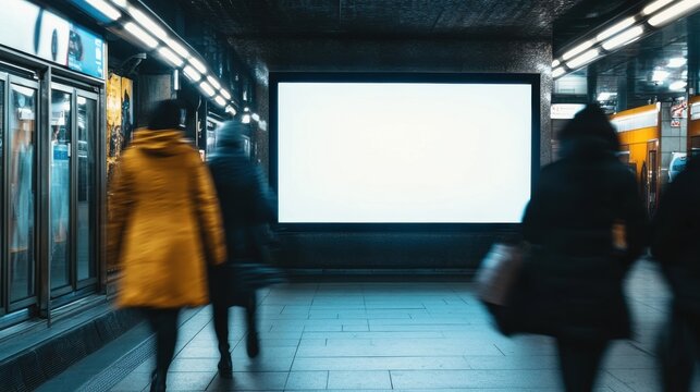Busy subway station with commuters walking past an empty advertising display during evening rush hour in an urban setting