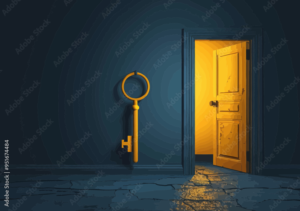 Poster Vector Illustration of Manager Explaining Problem Solving with Key and Door Concept, Business Solution, Minimalistic Design