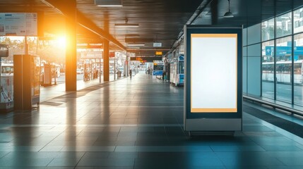 Empty urban transit station during early morning hours with a blank advertisement display and soft sunlight streaming through