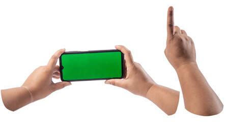 Smartphone with green chroma key screen for mockup in female habd, isolated on png white background