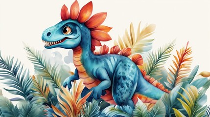 Obraz premium playful cartoon dinosaur exploring a lush prehistoric jungle, surrounded by ferns and towering palm trees, in vibrant watercolors 