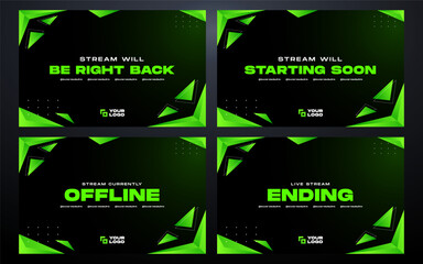 Green and black Twitch stream overlay pack,  offline, starting soon, be right back and ending screens.