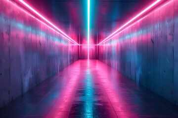 A long hallway with pink and blue lights