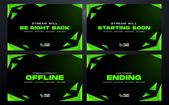 Green and black Twitch stream overlay pack,  offline, starting soon, be right back and ending screens.