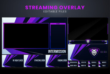 Purple and Black Twitch Stream Overlay Template with Wolf Logo