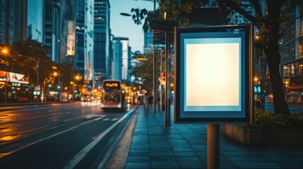 Fototapeta premium Urban evening scene featuring a blank advertisement board along a busy street in a modern city