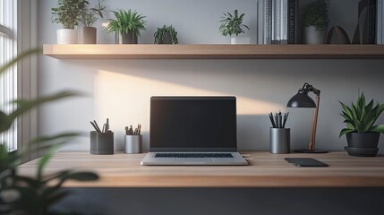 A minimalist home office with a floating desk, a small laptop, and a few essential accessories. The space is uncluttered and designed for maximum focus.