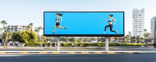 Billboard with a motivational ad for a fitness challenge near a gym, health marketing, active audience