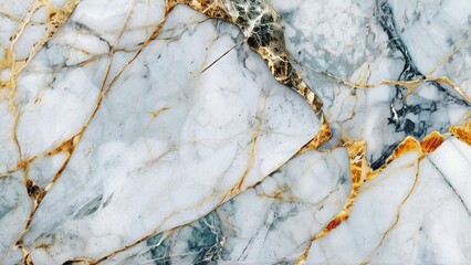 Close-up of a marble surface with a swirling pattern of white, gray, and gold veins.