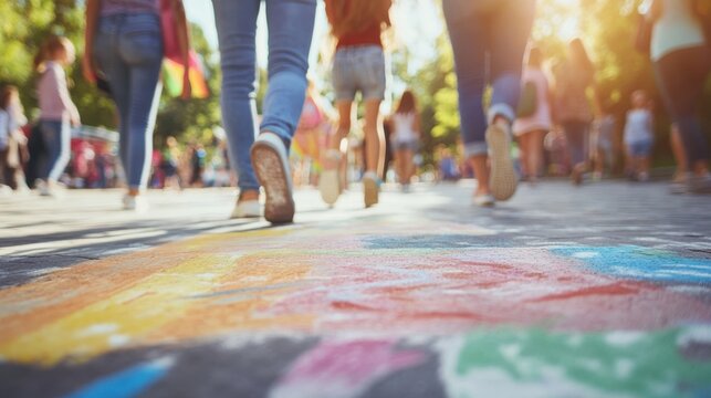 Colorful street festival during a sunny day with people walking, vibrant chalk art on pavement in a lively urban environment
