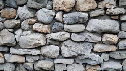 Fototapeta premium Close-up of a rustic stone wall made of various sizes and shapes of grey and beige stones.