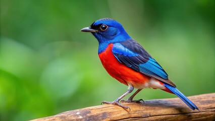Fototapeta premium Lovely blue bird with black and red bills perching on wooden branch over clean green background , blue bird