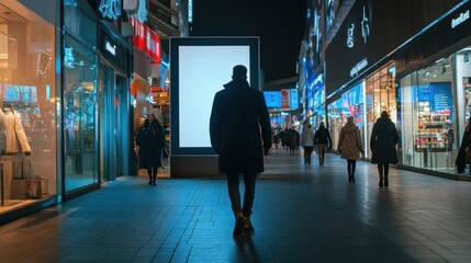 Obraz premium A lone figure walks through a lively shopping street illuminated by bright storefronts at night in an urban setting
