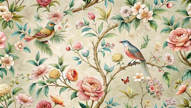 Vintage floral Chinoiserie pattern with spring flowers and birds in muted colors, Bloom, Vintage, Floral, Chinoiserie, Pattern