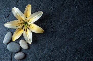 Lily Flower and Stones on a Dark Surface