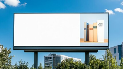 Billboard with a bookstore ad near a university campus, student audience, educational marketing