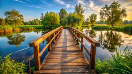Obraz premium A picturesque wooden bridge crossing a serene river , Bridge, wooden, crossing, river, water, peaceful, landscape