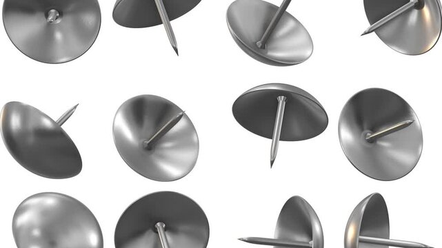 Thumb Tack 3D Falling on a White Background. 3D Silver Thumb Tack Animation. 4K