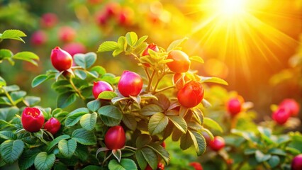 Obraz premium Vibrant sunlight illuminating a bush of blooming rose hip flowers, sunlight, rose hips, bush, blooming, vibrant, flowers, garden