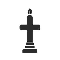 Cross shaped lit candle on a candlestick icon. Symbol of prayer, mourning, sorrow. Church equipment. Silhouette pictogram for web, mobile, logo. Vector illustration isolated on white background