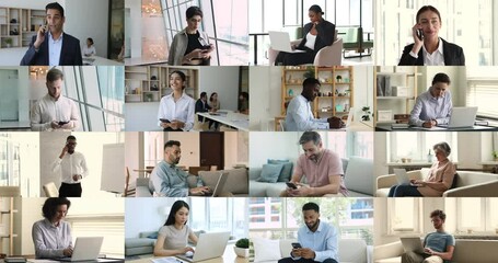 Collage of multiple people using mobile application, wireless tech and internet, working, calling engaging in different activities. Diversity, global communication, modern technology usage in our life - Powered by Adobe