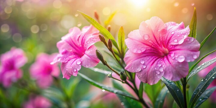 Pink ruellia blooms with dew water attached, pink, ruellia, blooms, flowers, dew, water, nature, close-up, garden, vibrant, colorful