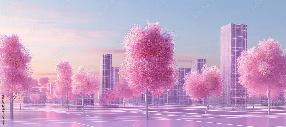 Poster a futuristic landscape with floating digital structures and virtual pathways