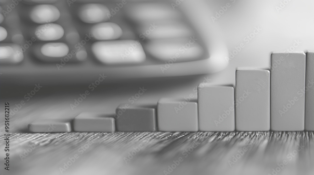 Poster an abstract background of ascending blocks with a black and white calculator symbolizes growth, calc
