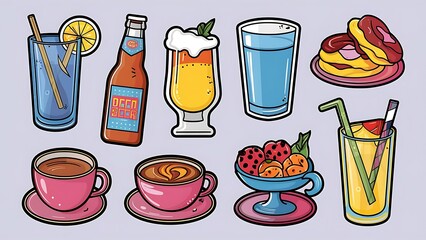 Set of stickers of drinks lemonade, beer, water, coffee and pastries. Vector.