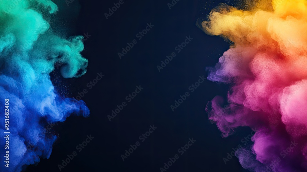 Poster vibrant smoke clouds in various colors blend against a dark background, creating an abstract and dyn
