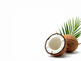A coconut with leaves and a half cut coconut on a white background with copy space.